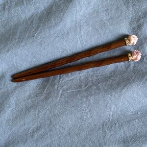 Handcrafted Brown Wood Hair Sticks with Pink Decorative Ends